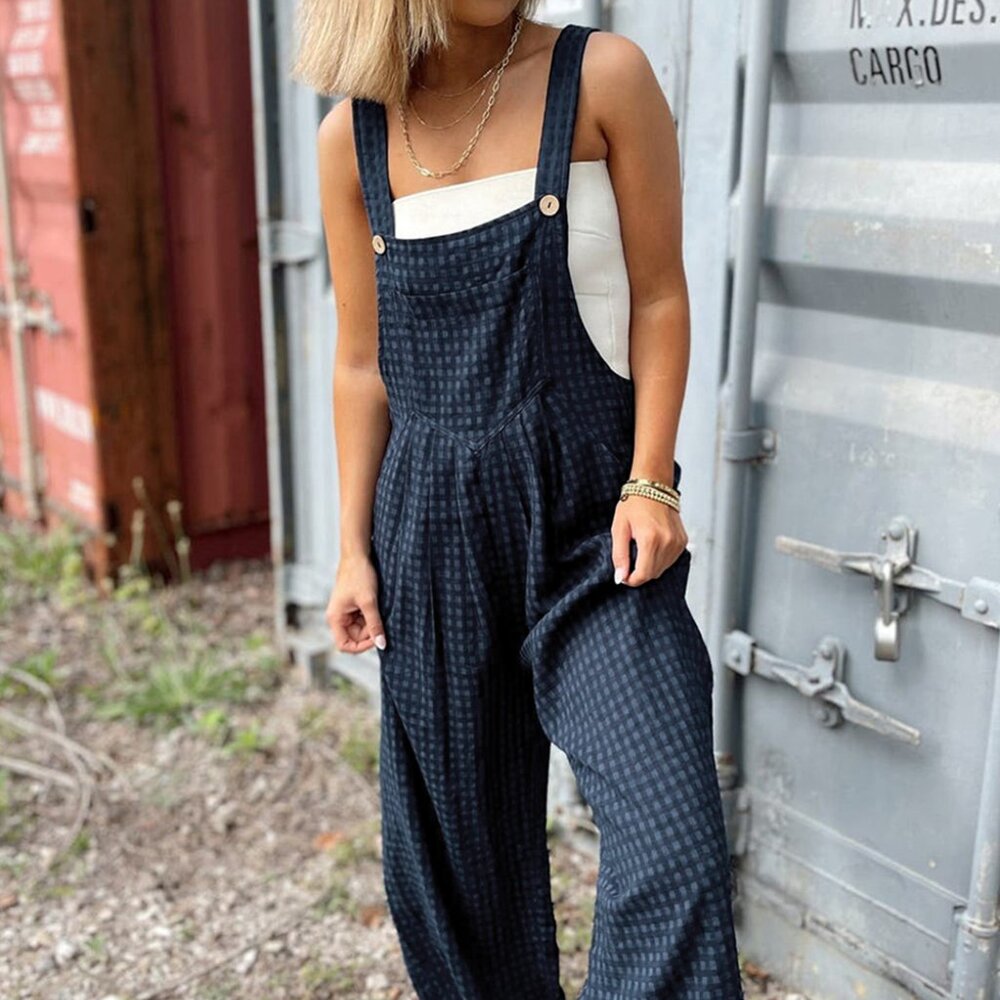 B243 Sail Blue Plaid Print Buttoned Pocketed High Waist Overall - Picture 3 of 16